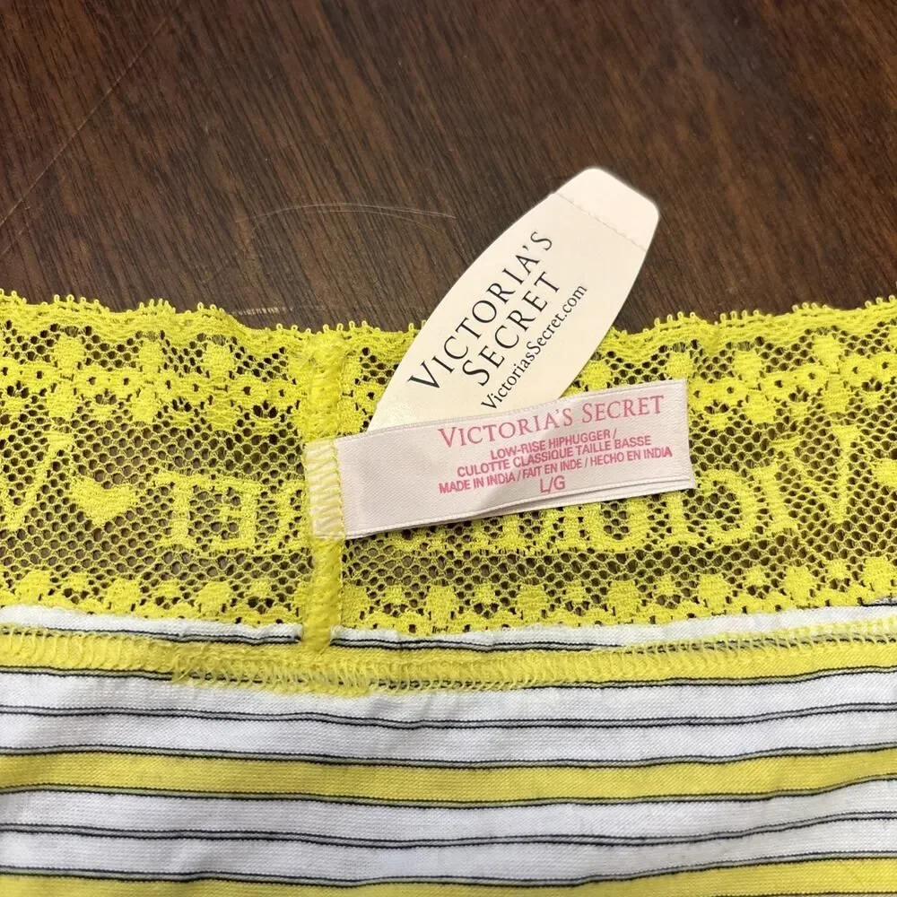 Vintage NEW Victorias Secret Bikini yellow and white striped black lines Size LG